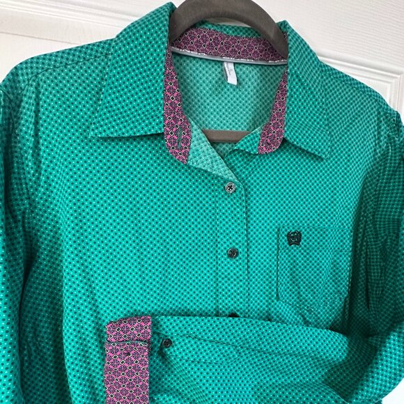 Men's XL Cinch Turquoise Geometric Pattern Contrast Flip Cuff Button-down Shirt - Picture 1 of 10